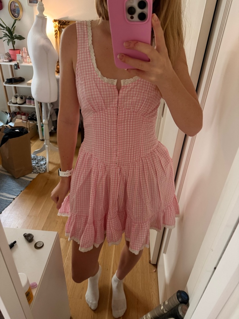 LoveShackFancy Pink Gingham Mini Dress
